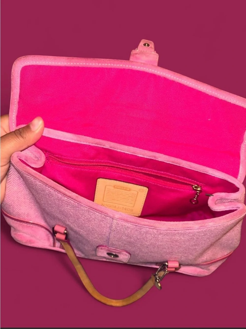 Coach Pink Suede Shoulder Bag with Heart Charm